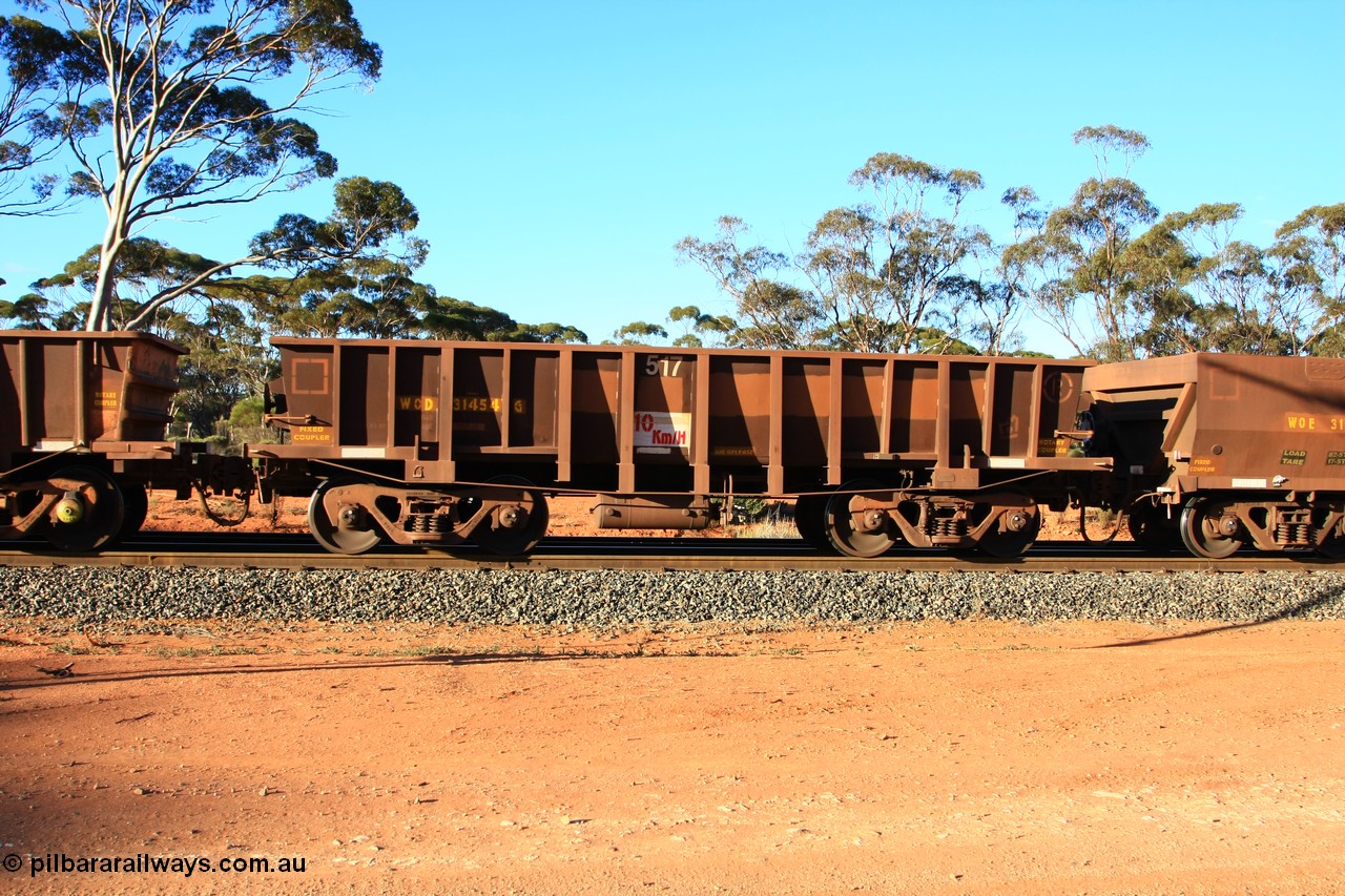 100731 03170
WOD type iron ore waggon WOD 31454 is one of a batch of sixty two built by Goninan WA between April and August 2000 with serial number 950086-026 and fleet number 517 for Koolyanobbing iron ore operations with a 75 ton capacity for Portman Mining to cart their Koolyanobbing iron ore to Esperance, PORTMAN has been painted out, empty train arriving at Binduli Triangle, 31st July 2010.
Keywords: WOD-type;WOD31454;Goninan-WA;950086-026;