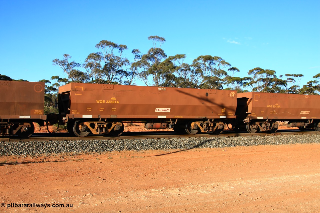 100731 03172
WOE type iron ore waggon WOE 33521 is one of a batch of one hundred and twenty eight built by United Group Rail WA between August 2008 and March 2009 with serial number 950211-061 and fleet number 9059 for Koolyanobbing iron ore operations, empty train arriving at Binduli Triangle, 31st July 2010.
Keywords: WOE-type;WOE33521;United-Group-Rail-WA;950211-061;