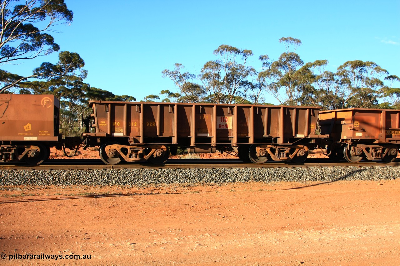 100731 03174
WO type iron ore waggon WO 31292 is one of a batch of fifteen built by WAGR Midland Workshops between July and October 1968 with fleet number 171 for Koolyanobbing iron ore operations, with a 75 ton and 1018 ft³ capacity, empty train arriving at Binduli Triangle, 31st July 2010.
Keywords: WO-type;WO31292;WAGR-Midland-WS;