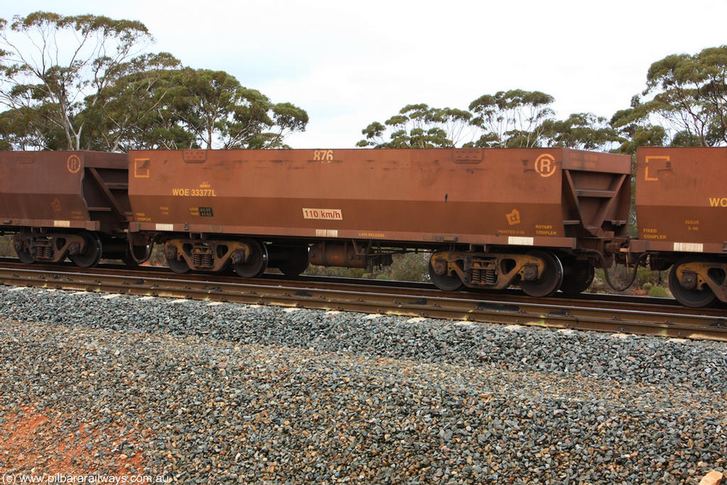 100822 5852
WOE type iron ore waggon WOE 33377 is one of a batch of one hundred and forty one built by United Goninan WA between November 2005 and April 2006 with serial number 950142-082 and fleet number 876 for Koolyanobbing iron ore operations, Binduli Triangle 22nd August 2010.
Keywords: WOE-type;WOE33377;United-Goninan-WA;950142-082;