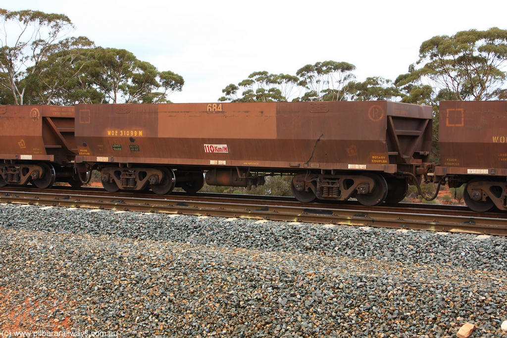 100822 5854
WOE type iron ore waggon WOE 31099 is one of a batch of one hundred and thirty built by Goninan WA between March and August 2001 with serial number 950092-089 and fleet number 684 for Koolyanobbing iron ore operations, Binduli Triangle 22nd August 2010.
Keywords: WOE-type;WOE31099;Goninan-WA;950092-089;