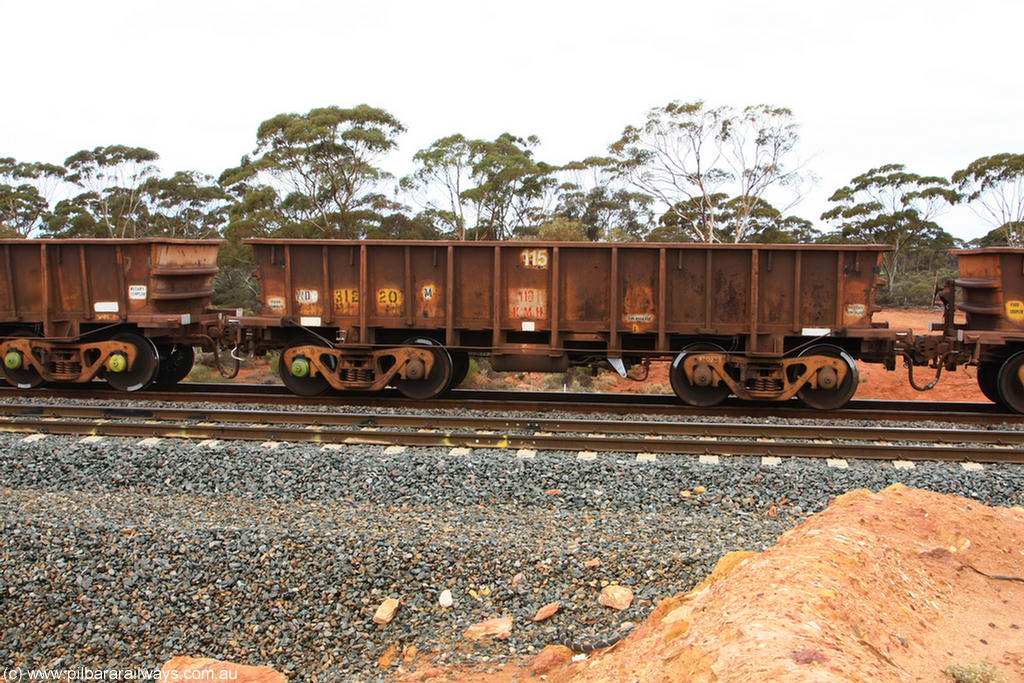 100822 5862
WO type iron ore waggon WO 31220 is one of a batch of eighty six built by WAGR Midland Workshops between 1967 and March 1968 with fleet number 115 for Koolyanobbing iron ore operations, with a 75 ton and 1018 ft³ capacity, Binduli Triangle 22nd August 2010.
Keywords: WO-type;WO31220;WAGR-Midland-WS;