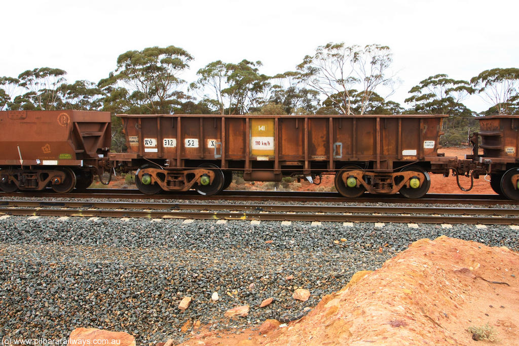 100822 5863
WO type iron ore waggon WO 31252 is one of a batch of eighty six built by WAGR Midland Workshops between 1967 and March 1968 with fleet number 141 for Koolyanobbing iron ore operations, with a 75 ton and 1018 ft³ capacity, Binduli Triangle 22nd August 2010.
Keywords: WO-type;WO31252;WAGR-Midland-WS;