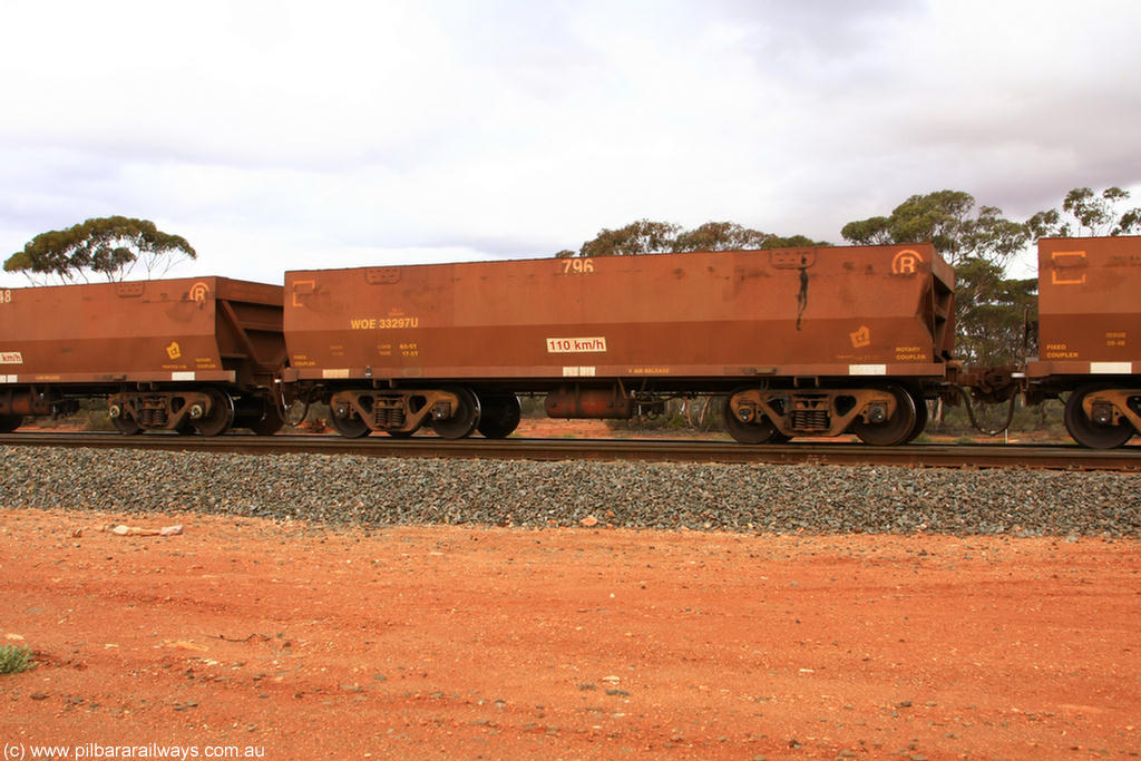 100822 5926
WOE type iron ore waggon WOE 33297 is one of a batch of one hundred and forty one built by United Goninan WA between November 2005 and April 2006 with serial number 950142-002 and fleet number 796 for Koolyanobbing iron ore operations, Binduli Triangle 22nd August 2010.
Keywords: WOE-type;WOE33297;United-Goninan-WA;950142-002;