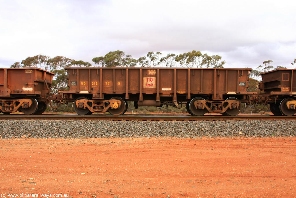 100822 5929
WO type iron ore waggon WO 31257 is one of a batch of eighty six built by WAGR Midland Workshops between 1967 and March 1968 with fleet number 144 for Koolyanobbing iron ore operations, with a 75 ton and 1018 ft³ capacity, Binduli Triangle 22nd August 2010.
Keywords: WO-type;WO31257;WAGR-Midland-WS;