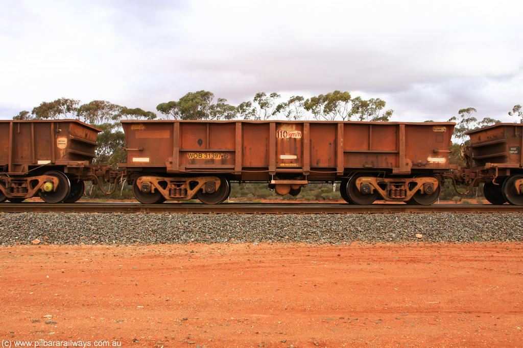 100822 5930
WOB type iron ore waggon WOB 31397 is one of a batch of twenty five built by Comeng WA between 1974 and 1975 and converted from Mt Newman high sided waggons by WAGR Midland Workshops with a capacity of 67 tons with fleet number 321 for Koolyanobbing iron ore operations. This waggon was also converted to a WSM type ballast hopper by re-fitting the cut down top section and having bottom discharge doors fitted, converted back to WOB in 1998, Binduli Triangle 22nd August 2010.
Keywords: WOB-type;WOB31397;Comeng-WA;WSM-type;Mt-Newman-Mining;