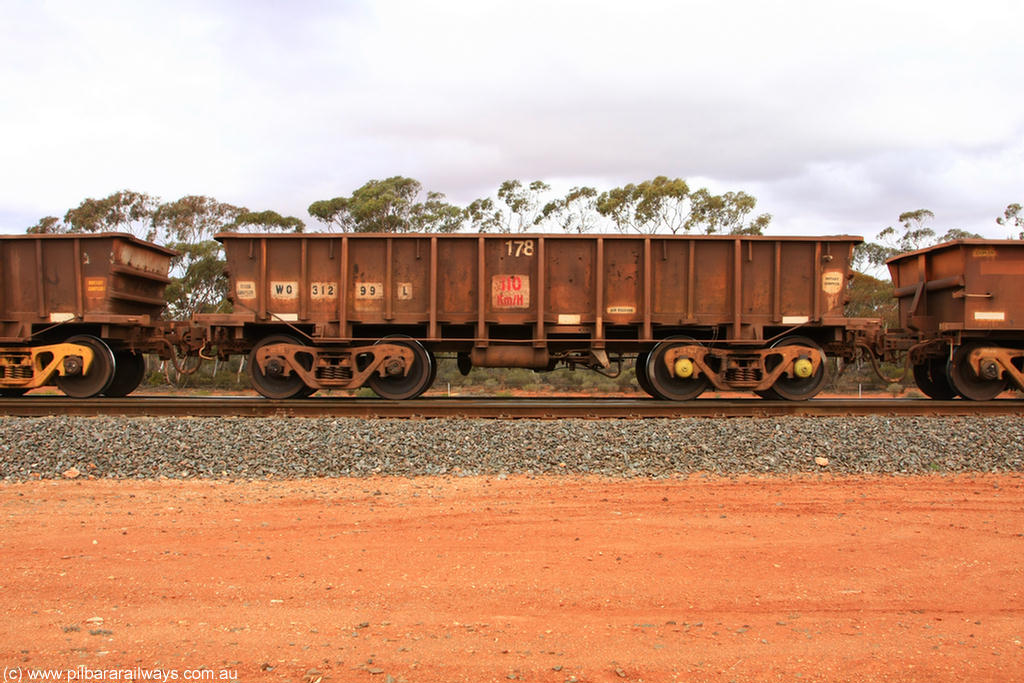 100822 5931
WO type iron ore waggon WO 31299 is one of a batch of fifteen built by WAGR Midland Workshops between July and October 1968 with fleet number 178 for Koolyanobbing iron ore operations, with a 75 ton and 1018 ft³ capacity, Binduli Triangle 22nd August 2010. This unit was converted to WOS superphosphate in the late 1980s till 1994 when it was re-classed back to WO.
Keywords: WO-type;WO31299;WAGR-Midland-WS;WOS-type;