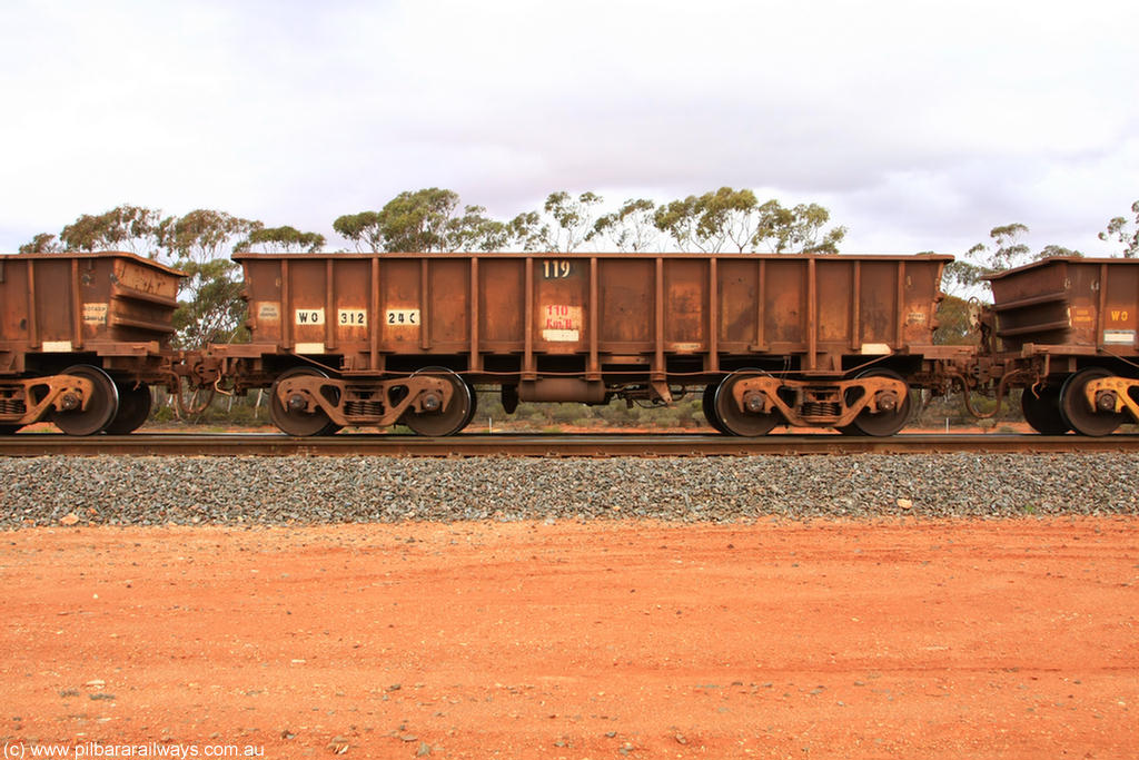 100822 5933
WO type iron ore waggon WO 31224 is one of a batch of eighty six built by WAGR Midland Workshops between 1967 and March 1968 with fleet number 119 for Koolyanobbing iron ore operations, with a 75 ton and 1018 ft³ capacity, Binduli Triangle 22nd August 2010. This unit was converted to WOC for coal in 1986 till 1994 when it was re-classed back to WO.
Keywords: WO-type;WO31224;WAGR-Midland-WS;