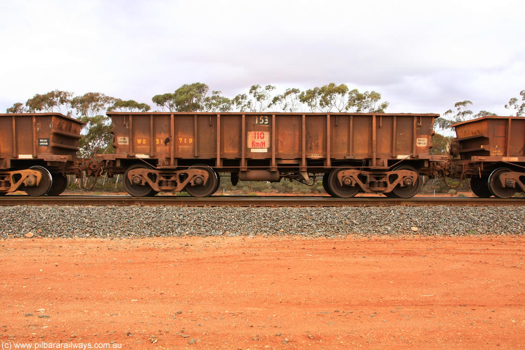 100822 5938
WO type iron ore waggon WO 31271 is one of a batch of eighty six built by WAGR Midland Workshops between 1967 and March 1968 with fleet number 153 for Koolyanobbing iron ore operations, with a 75 ton and 1018 ft³ capacity, Binduli Triangle 22nd August 2010. This unit was converted to WOS superphosphate in the late 1980s till 1994 when it was re-classed back to WO.
Keywords: WO-type;WO31271;WAGR-Midland-WS;WOS-type;