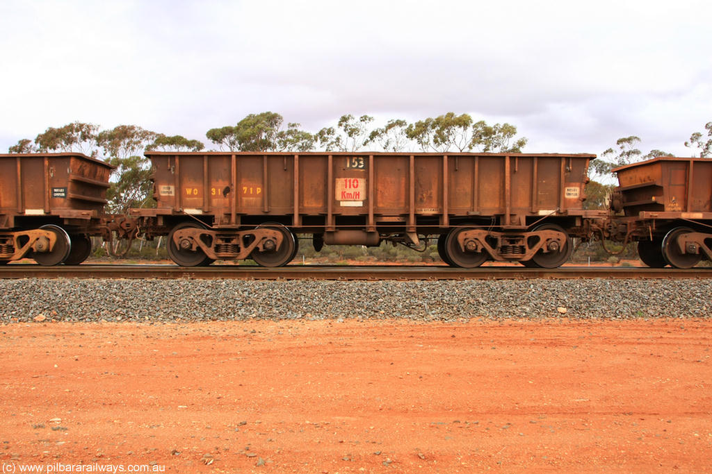 100822 5938
WO type iron ore waggon WO 31271 is one of a batch of eighty six built by WAGR Midland Workshops between 1967 and March 1968 with fleet number 153 for Koolyanobbing iron ore operations, with a 75 ton and 1018 ft³ capacity, Binduli Triangle 22nd August 2010. This unit was converted to WOS superphosphate in the late 1980s till 1994 when it was re-classed back to WO.
Keywords: WO-type;WO31271;WAGR-Midland-WS;WOS-type