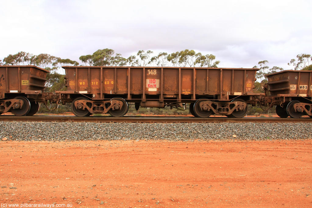 100822 5943
WO type iron ore waggon WO 31262 is one of a batch of eighty six built by WAGR Midland Workshops between 1967 and March 1968 with fleet number 148 for Koolyanobbing iron ore operations, with a 75 ton and 1018 ft³ capacity, Binduli Triangle 22nd August 2010. This unit was converted to WOC for coal in 1986 till 1994 when it was re-classed back to WO.
Keywords: WO-type;WO31262;WAGR-Midland-WS;