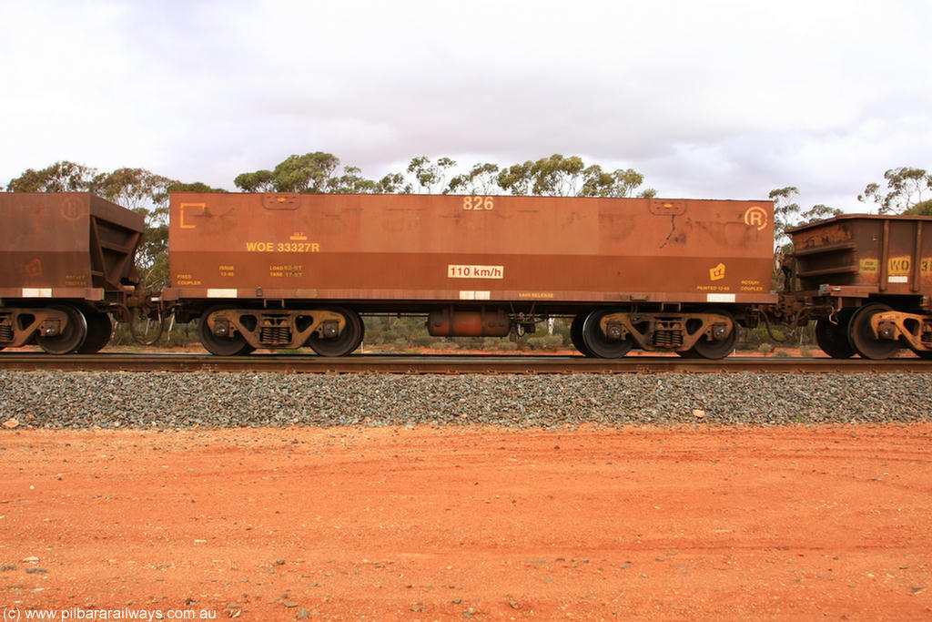 100822 5945
WOE type iron ore waggon WOE 33327 is one of a batch of one hundred and forty one built by United Goninan WA between November 2005 and April 2006 with serial number 950142-032 and fleet number 826 for Koolyanobbing iron ore operations, Binduli Triangle 22nd August 2010.
Keywords: WOE-type;WOE33327;United-Goninan-WA;950142-032;
