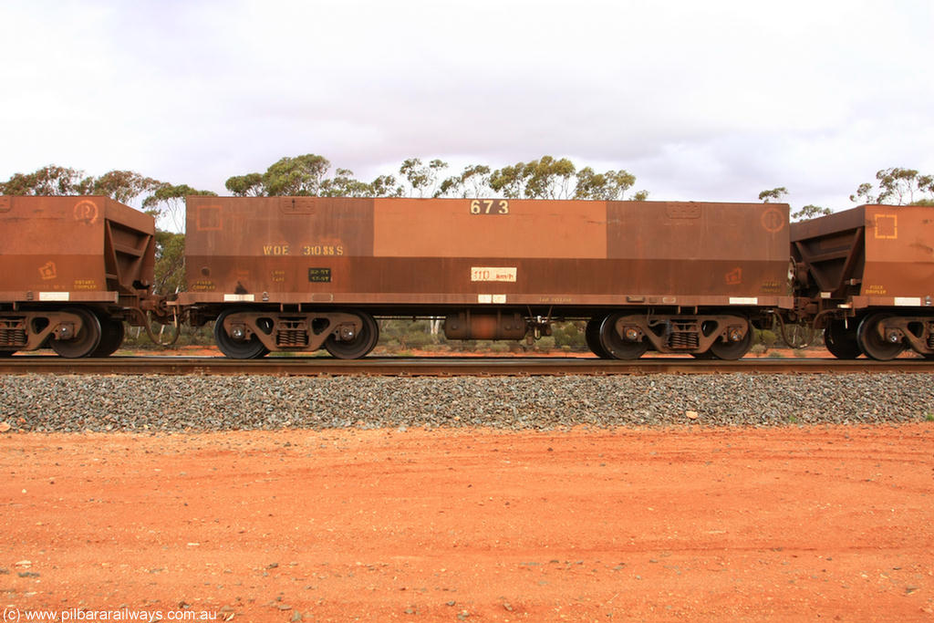 100822 5947
WOE type iron ore waggon WOE 31088 is one of a batch of one hundred and thirty built by Goninan WA between March and August 2001 with serial number 950092-078 and fleet number 673 for Koolyanobbing iron ore operations, Binduli Triangle 22nd August 2010.
Keywords: WOE-type;WOE31088;Goninan-WA;950092-078;