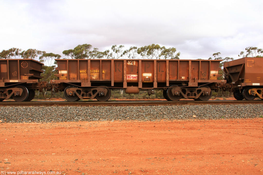 100822 5950
WOC type iron ore waggon WOC 31361 is one of a batch of thirty built by Goninan WA between October 1997 to January 1998 with fleet number 421 and build date of 12/1997, for Koolyanobbing iron ore operations with a 75 ton capacity and lettered for KIPL, Koolyanobbing Iron Pty Ltd 'KIPL', Binduli Triangle 22nd August 2010.
Keywords: WOC-type;WOC31361;Goninan-WA;