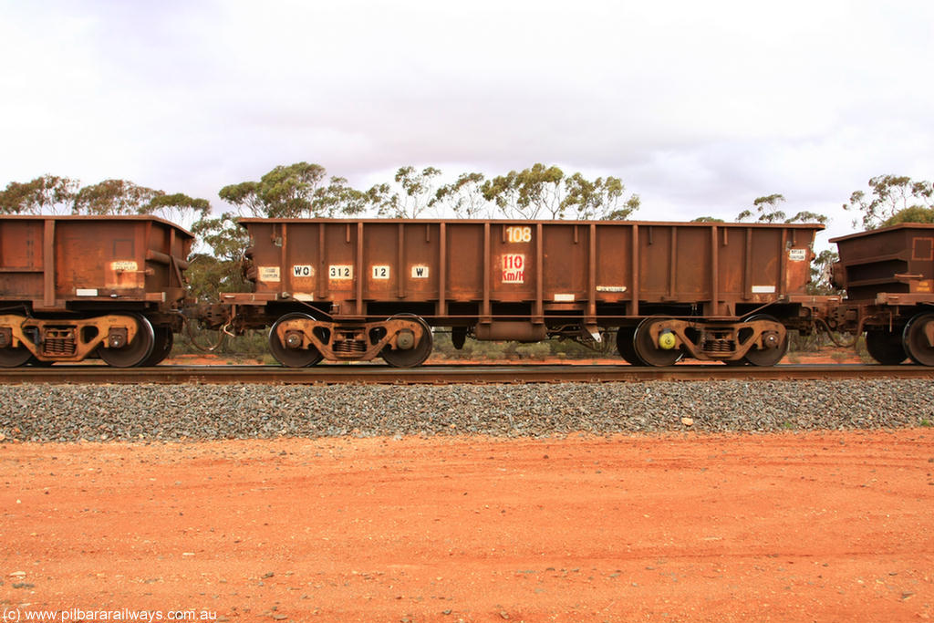 100822 5952
WO type iron ore waggon WO 31212 is one of a batch of eighty six built by WAGR Midland Workshops between 1967 and March 1968 with fleet number 108 for Koolyanobbing iron ore operations, with a 75 ton and 1018 ft³ capacity, Binduli Triangle 22nd August 2010. This unit was converted to WOS superphosphate in the late 1980s till 1994 when it was re-classed back to WO.
Keywords: WO-type;WO31212;WAGR-Midland-WS;WOS-type;