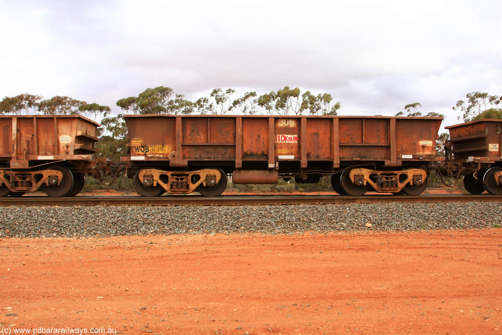 100822 5953
WOB type iron ore waggon WOB 31381 is one of a batch of twenty five built by Comeng WA between 1974 and 1975 and converted from Mt Newman high sided waggons by WAGR Midland Workshops with a capacity of 67 tons with fleet number 306 for Koolyanobbing iron ore operations, Binduli Triangle 22nd August 2010.
Keywords: WOB-type;WOB31381;Comeng-WA;Mt-Newman-Mining;