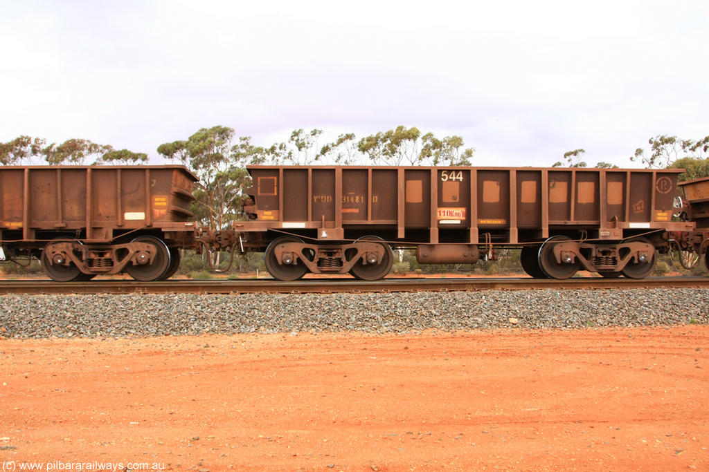100822 5955
WOD type iron ore waggon WOD 31481 is one of a batch of sixty two built by Goninan WA between April and August 2000 with serial number 950086-053 and fleet number 542 for Koolyanobbing iron ore operations with a 75 ton capacity for Portman Mining to cart their Koolyanobbing iron ore to Esperance, now with PORTMAN painted out, Binduli Triangle 22nd August 2010.
Keywords: WOD-type;WOD31481;Goninan-WA;950086-053;