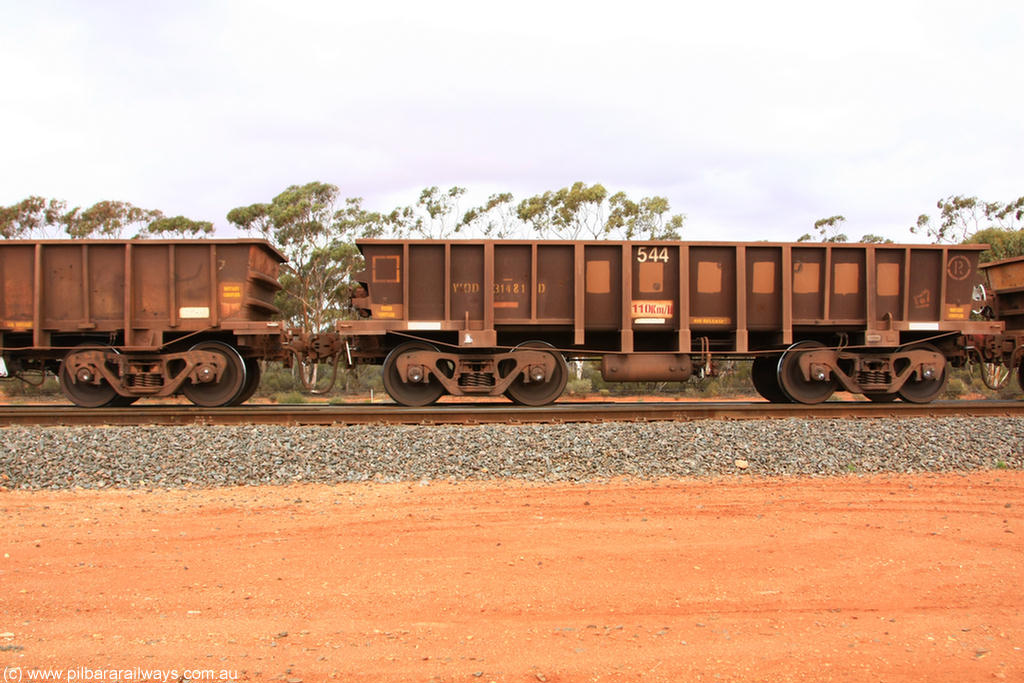 100822 5955
WOD type iron ore waggon WOD 31481 is one of a batch of sixty two built by Goninan WA between April and August 2000 with serial number 950086-053 and fleet number 542 for Koolyanobbing iron ore operations with a 75 ton capacity for Portman Mining to cart their Koolyanobbing iron ore to Esperance, now with PORTMAN painted out, Binduli Triangle 22nd August 2010.
Keywords: WOD-type;WOD31481;Goninan-WA;950086-053;