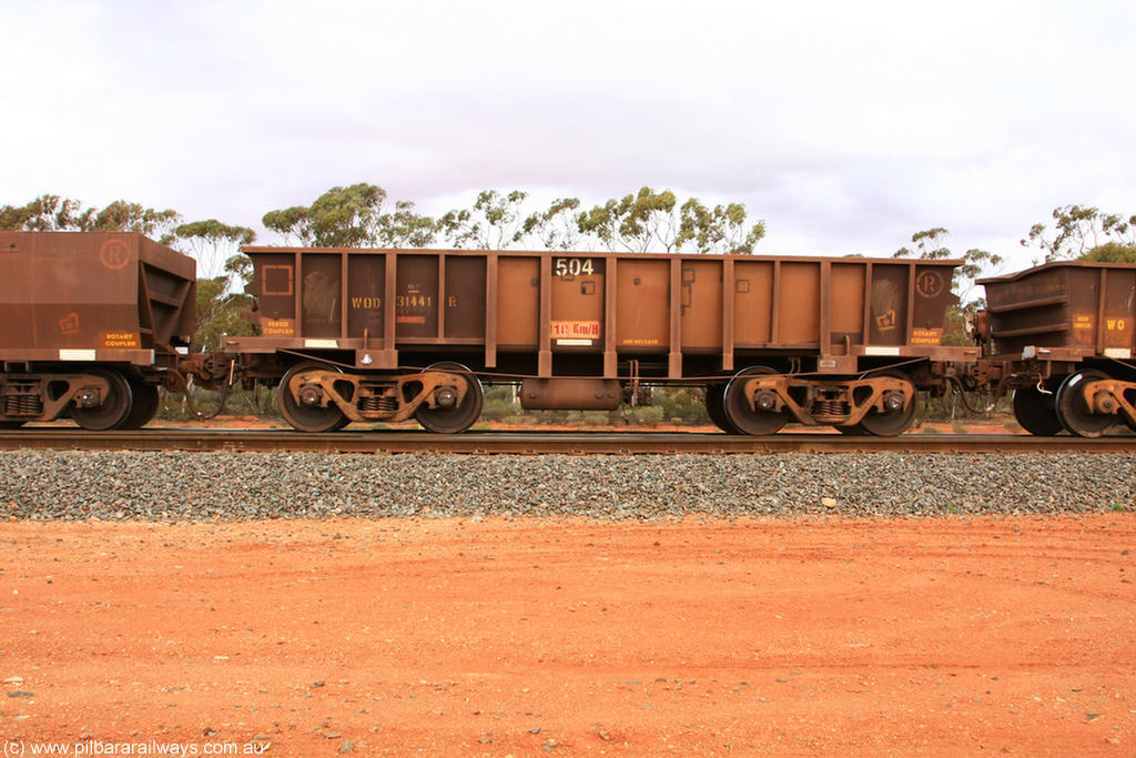 100822 5957
WOD type iron ore waggon WOD 31441 is one of a batch of sixty two built by Goninan WA between April and August 2000 with serial number 950086-013 and fleet number 504 for Koolyanobbing iron ore operations with a 75 ton capacity for Portman Mining to cart their Koolyanobbing iron ore to Esperance, now with PORTMAN painted out, Binduli Triangle 22nd August 2010.
Keywords: WOD-type;WOD31441;Goninan-WA;950086-013;