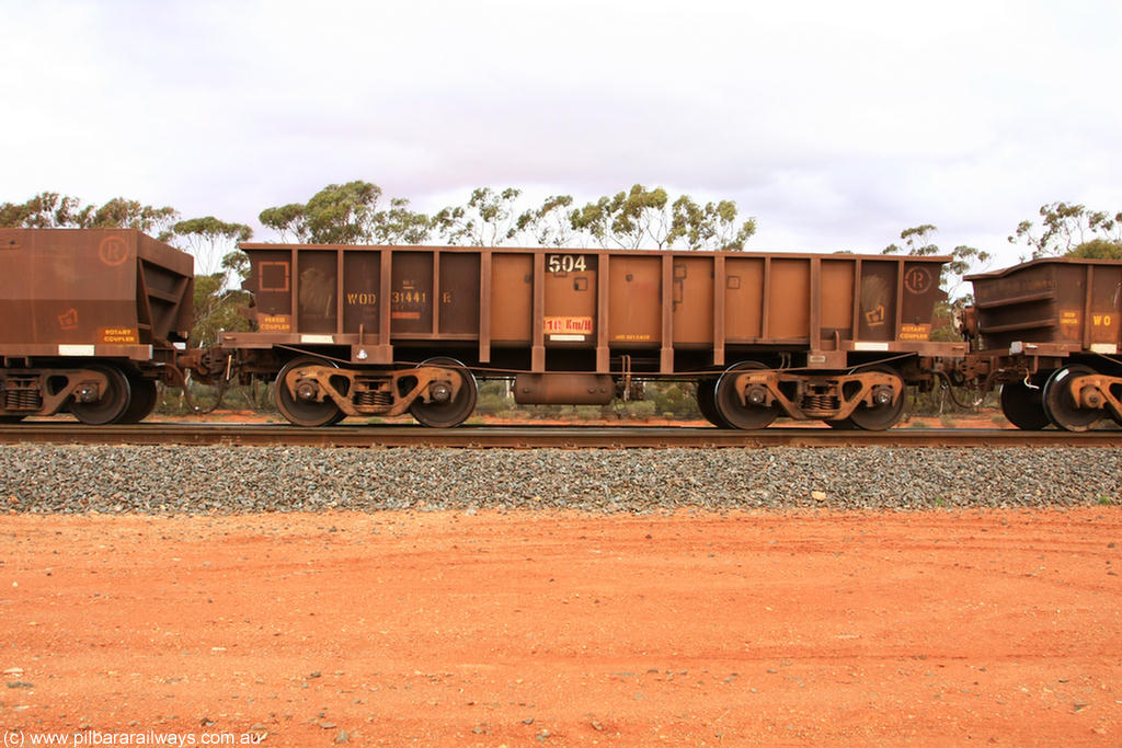 100822 5957
WOD type iron ore waggon WOD 31441 is one of a batch of sixty two built by Goninan WA between April and August 2000 with serial number 950086-013 and fleet number 504 for Koolyanobbing iron ore operations with a 75 ton capacity for Portman Mining to cart their Koolyanobbing iron ore to Esperance, now with PORTMAN painted out, Binduli Triangle 22nd August 2010.
Keywords: WOD-type;WOD31441;Goninan-WA;950086-013;