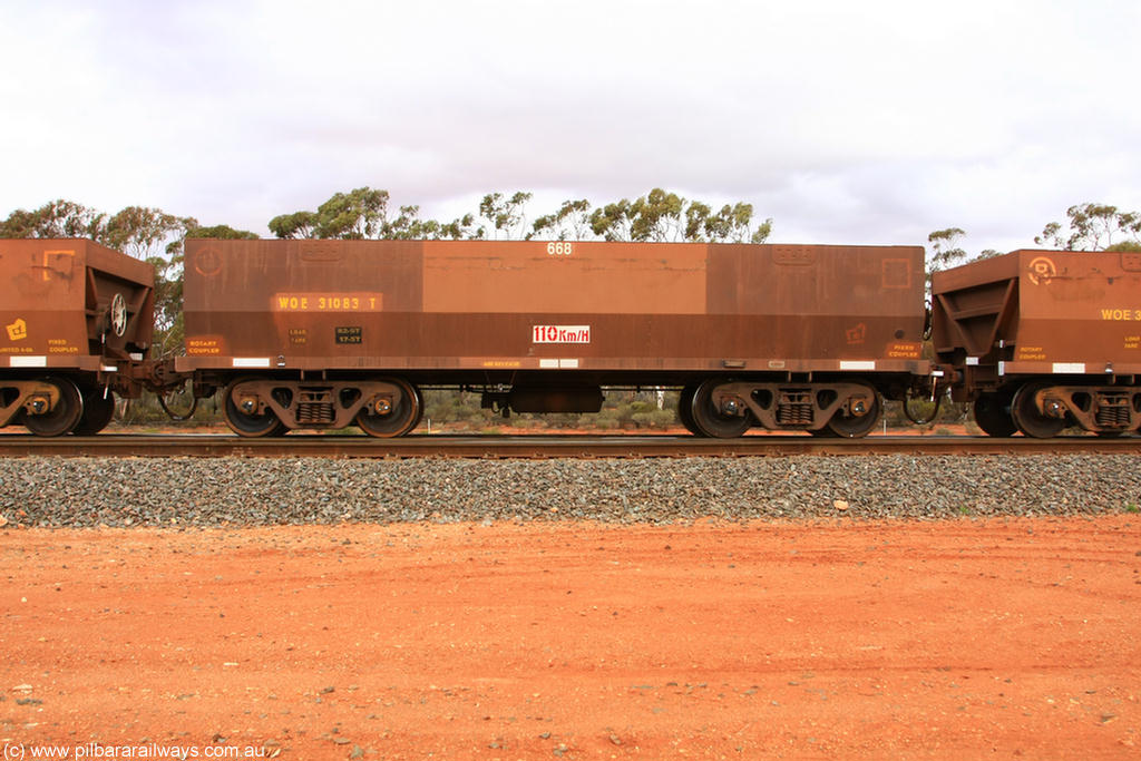 100822 5960
WOE type iron ore waggon WOE 31083 is one of a batch of one hundred and thirty built by Goninan WA between March and August 2001 with serial number 950092-073 and fleet number 668 for Koolyanobbing iron ore operations, Binduli Triangle 22nd August 2010.
Keywords: WOE-type;WOE31083;Goninan-WA;950092-073;