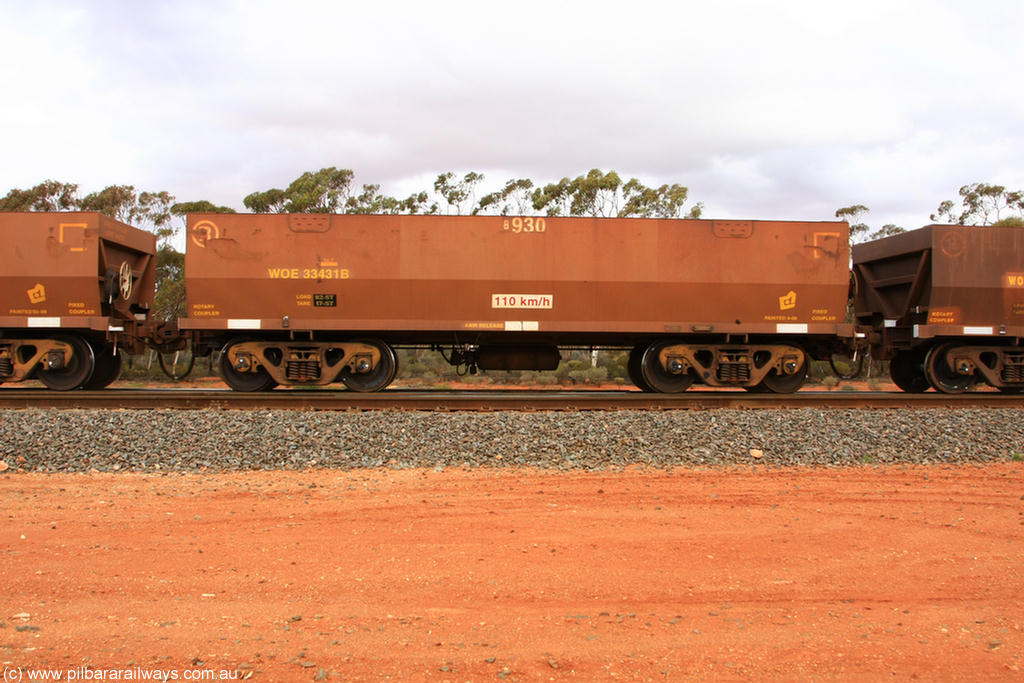 100822 5961
WOE type iron ore waggon WOE 33431 is one of a batch of one hundred and forty one built by United Group Rail WA between November 2005 and April 2006 with serial number 950142-136 and fleet number 8930 for Koolyanobbing iron ore operations, Binduli Triangle 22nd August 2010.
Keywords: WOE-type;WOE33431;United-Group-Rail-WA;950142-136;