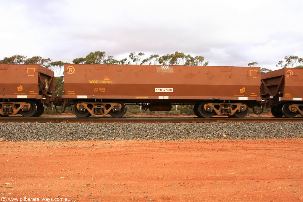 100822 5962
WOE type iron ore waggon WOE 33578 is one of a batch of one hundred and twenty eight built by United Group Rail WA between August 2008 and March 2009 with serial number 950211-118 and fleet number 9080 for Koolyanobbing iron ore operations, Binduli Triangle 22nd August 2010.
Keywords: WOE-type;WOE33578;United-Group-Rail-WA;950211-118;