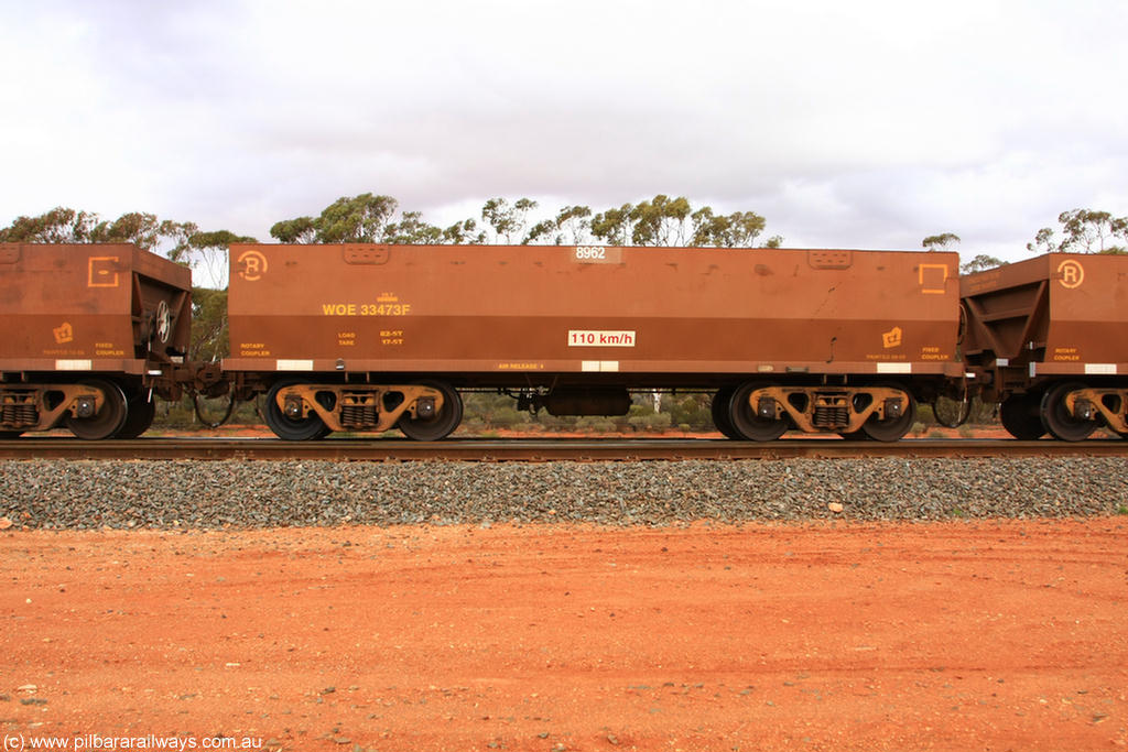 100822 5963
WOE type iron ore waggon WOE 33473 is one of a batch of one hundred and twenty eight built by United Group Rail WA between August 2008 and March 2009 with serial number 950211-015 and fleet number 8962 for Koolyanobbing iron ore operations, Binduli Triangle 22nd August 2010.
Keywords: WOE-type;WOE33473;United-Group-Rail-WA;950211-015;