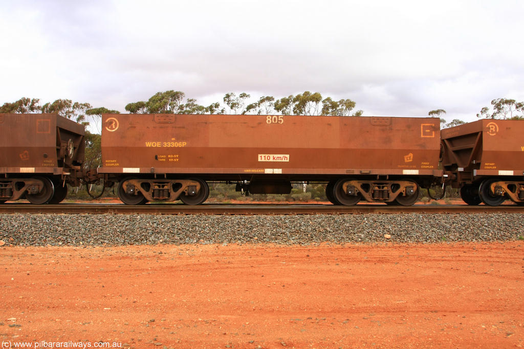 100822 5964
WOE type iron ore waggon WOE 33306 is one of a batch of one hundred and forty one built by United Goninan WA between November 2005 and April 2006 with serial number 950142-011 and fleet number 805 for Koolyanobbing iron ore operations, Binduli Triangle 22nd August 2010.
Keywords: WOE-type;WOE33306;United-Goninan-WA;950142-011;