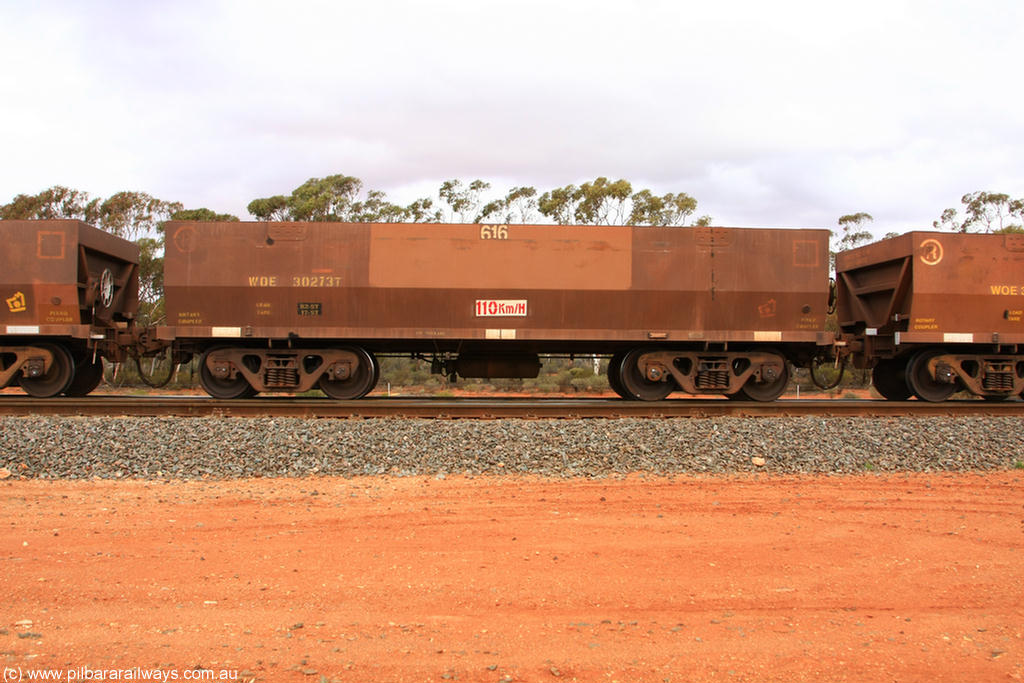 100822 5965
WOE type iron ore waggon WOE 30273 is one of a batch of one hundred and thirty built by Goninan WA between March and August 2001 with serial number 950092-023 and fleet number 616 for Koolyanobbing iron ore operations, Binduli Triangle 22nd August 2010.
Keywords: WOE-type;WOE30273;Goninan-WA;950092-023;