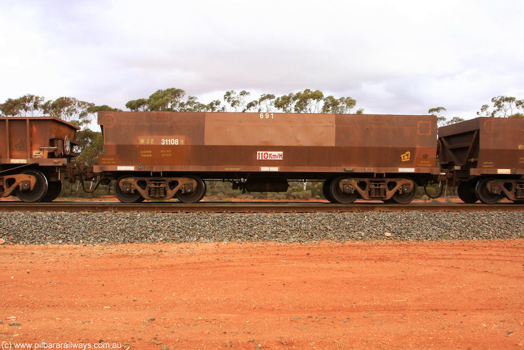 100822 5966
WOE type iron ore waggon WOE 31108 is one of a batch of one hundred and thirty built by Goninan WA between March and August 2001 with serial number 950092-098 and fleet number 691 for Koolyanobbing iron ore operations, Binduli Triangle 22nd August 2010.
Keywords: WOE-type;WOE31108;Goninan-WA;950092-098;