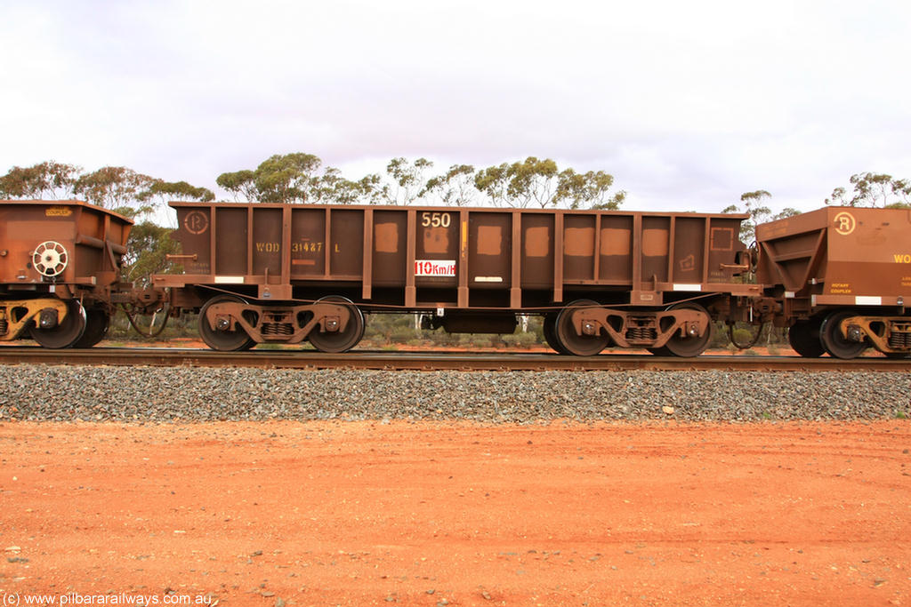 100822 5970
WOD type iron ore waggon WOD 31487 is one of a batch of sixty two built by Goninan WA between April and August 2000 with serial number 950086-059 and fleet number 550 for Koolyanobbing iron ore operations with a 75 ton capacity for Portman Mining to cart their Koolyanobbing iron ore to Esperance, now with PORTMAN painted out, Binduli Triangle 22nd August 2010.
Keywords: WOD-type;WOD31487;Goninan-WA;950086-059;