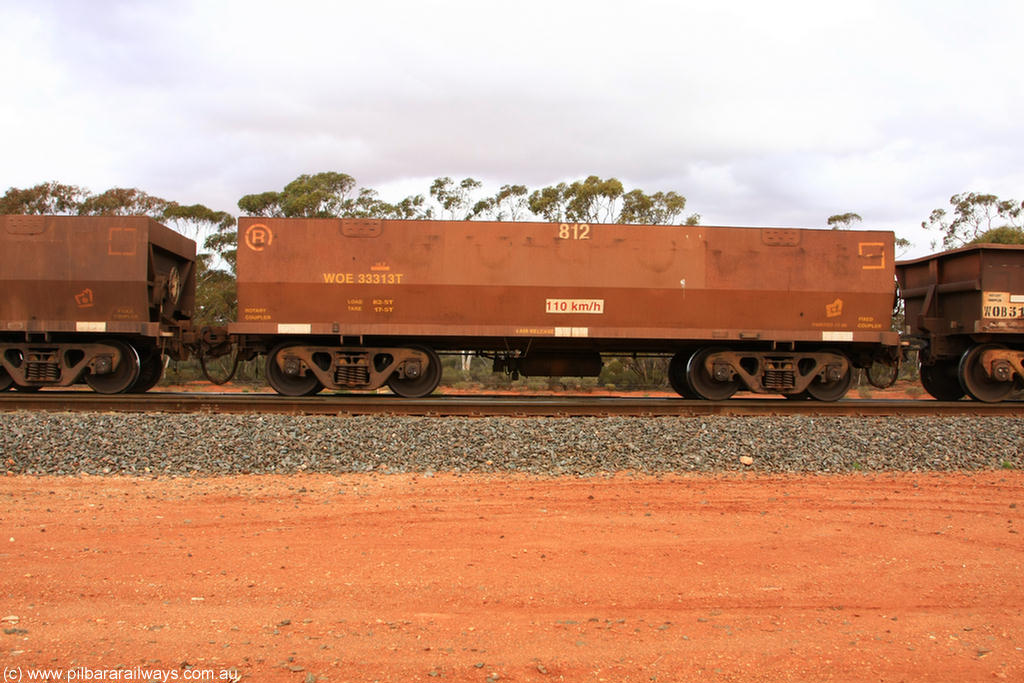 100822 5973
WOE type iron ore waggon WOE 33313 is one of a batch of one hundred and forty one built by United Goninan WA between November 2005 and April 2006 with serial number 950142-018 and fleet number 812 for Koolyanobbing iron ore operations, Binduli Triangle 22nd August 2010.
Keywords: WOE-type;WOE33313;United-Goninan-WA;950142-018;