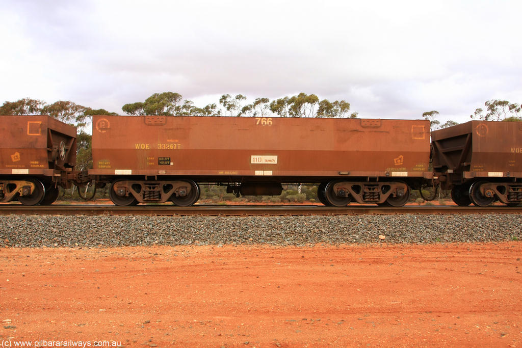 100822 5975
WOE type iron ore waggon WOE 33267 is one of a batch of thirty five built by Goninan WA between January and April 2005 with serial number 950104-007 and fleet number 766 for Koolyanobbing iron ore operations, Binduli Triangle 22nd August 2010.
Keywords: WOE-type;WOE33267;Goninan-WA;950104-007;