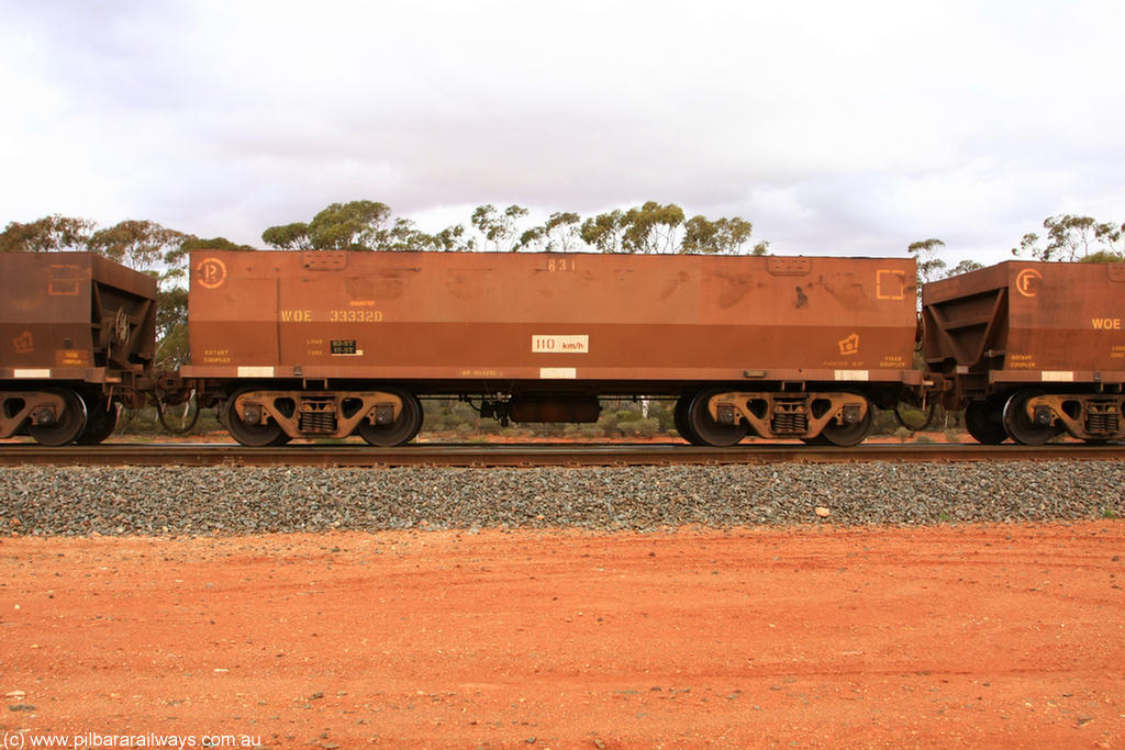 100822 5977
WOE type iron ore waggon WOE 33332 is one of a batch of one hundred and forty one built by United Goninan WA between November 2005 and April 2006 with serial number 950142-037 and fleet number 831 for Koolyanobbing iron ore operations, Binduli Triangle 22nd August 2010.
Keywords: WOE-type;WOE33332;United-Goninan-WA;950142-037;