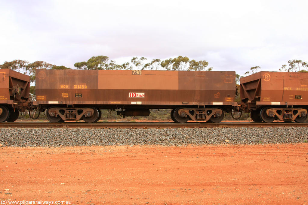100822 5978
WOE type iron ore waggon WOE 31148 is one of a batch of fifteen built by Goninan WA between April and May 2002 with fleet number 730 for Koolyanobbing iron ore operations, Binduli Triangle 22nd August 2010.
Keywords: WOE-type;WOE31148;Goninan-WA;