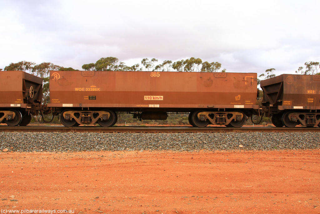 100822 5979
WOE type iron ore waggon WOE 33386 is one of a batch of one hundred and forty one built by United Group Rail WA between November 2005 and April 2006 with serial number 950142-091 and fleet number 885 for Koolyanobbing iron ore operations, Binduli Triangle 22nd August 2010.
Keywords: WOE-type;WOE33386;United-Group-Rail-WA;950142-091;