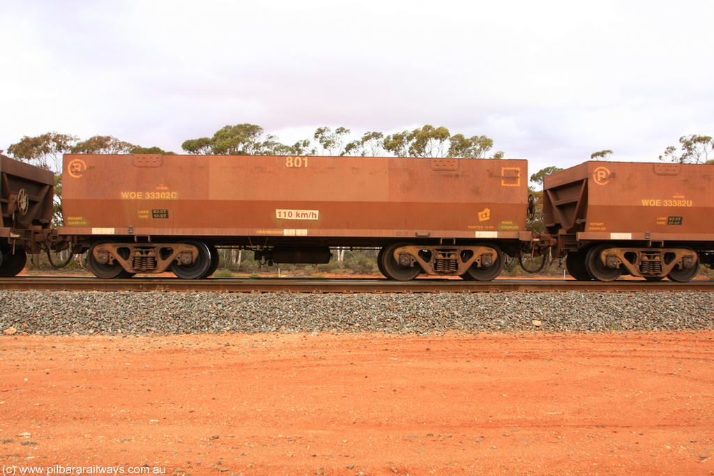 100822 5982
WOE type iron ore waggon WOE 33302 is one of a batch of one hundred and forty one built by United Goninan WA between November 2005 and April 2006 with serial number 950142-007 and fleet number 801 for Koolyanobbing iron ore operations, Binduli Triangle 22nd August 2010.
Keywords: WOE-type;WOE33302;United-Goninan-WA;950142-007;