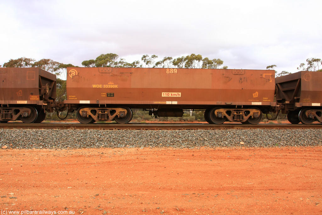 100822 5984
WOE type iron ore waggon WOE 33390 is one of a batch of one hundred and forty one built by United Group Rail WA between November 2005 and April 2006 with serial number 950142-095 and fleet number 889 for Koolyanobbing iron ore operations, Binduli Triangle 22nd August 2010.
Keywords: WOE-type;WOE33390;United-Group-Rail-WA;950142-095;