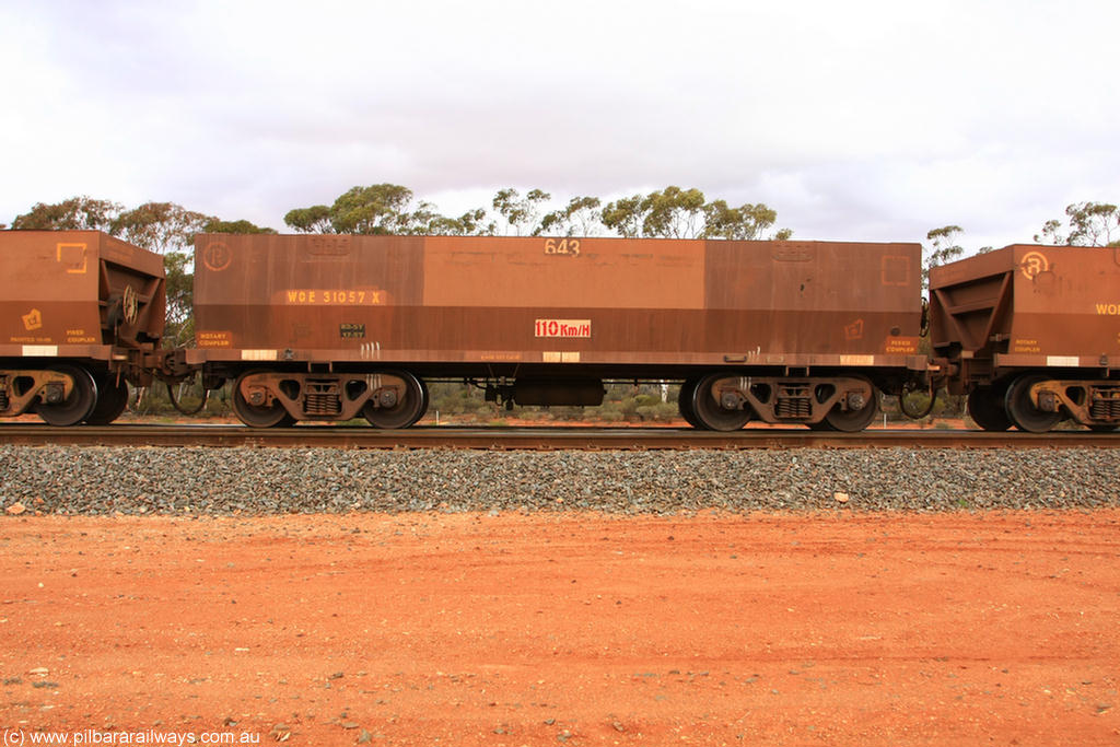 100822 5985
WOE type iron ore waggon WOE 31057 is one of a batch of fifteen built by Goninan WA between April and May 2002 with fleet number 643 for Koolyanobbing iron ore operations, Binduli Triangle 22nd August 2010.
Keywords: WOE-type;WOE31057;Goninan-WA;