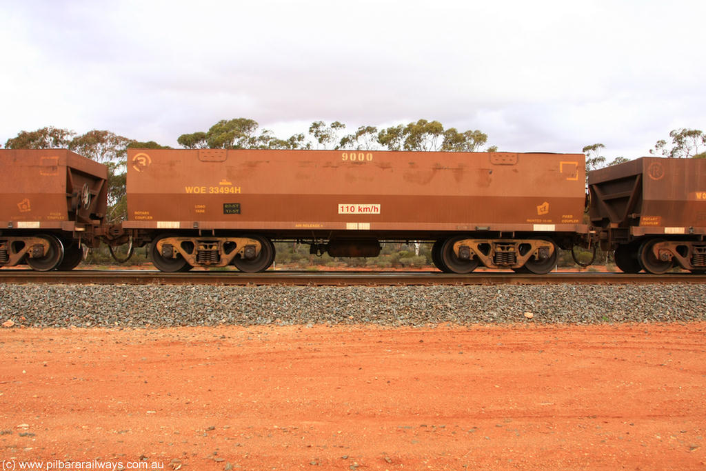 100822 5986
WOE type iron ore waggon WOE 33494 is one of a batch of one hundred and twenty eight built by United Group Rail WA between August 2008 and March 2009 with serial number 950211-034 and fleet number 9000 for Koolyanobbing iron ore operations, Binduli Triangle 22nd August 2010.
Keywords: WOE-type;WOE33494;United-Group-Rail-WA;950211-034;