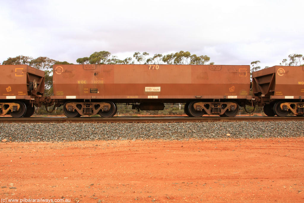 100822 5989
WOE type iron ore waggon WOE 33271 is one of a batch of thirty five built by Goninan WA between January and April 2005 with serial number 950104-011 and fleet number 770 for Koolyanobbing iron ore operations, Binduli Triangle 22nd August 2010.
Keywords: WOE-type;WOE33271;Goninan-WA;950104-011;
