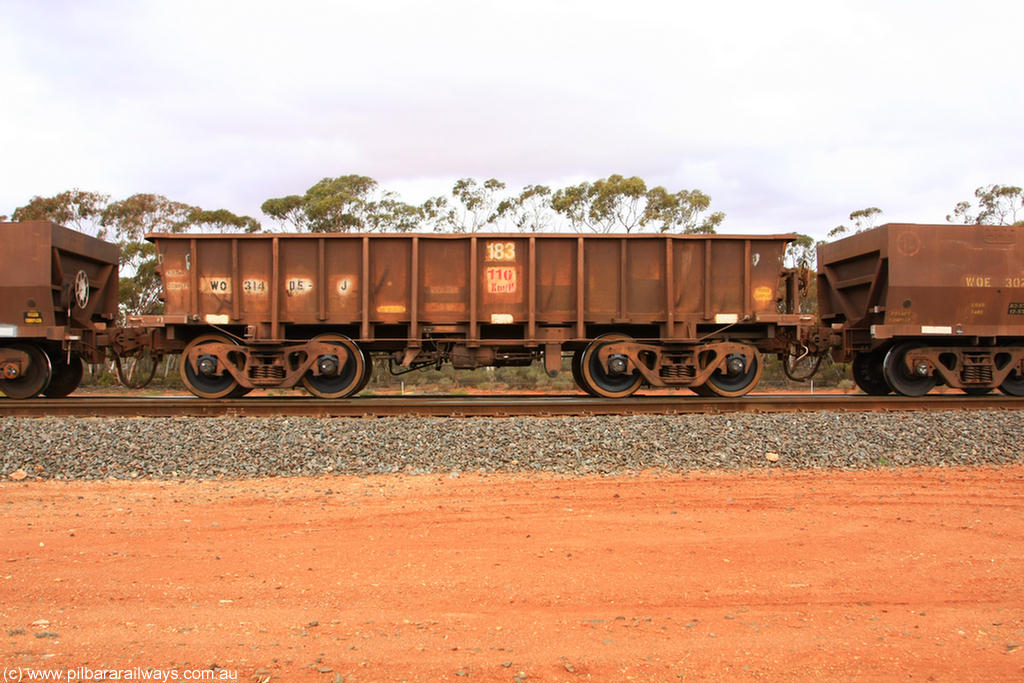 100822 5996
WO type iron ore waggon WO 31405 is one of a batch of eleven replacement waggons built by WAGR Midland Workshops between 1970 and 1971 with fleet number 183 for Koolyanobbing iron ore operations, with a 75 ton and 1018 ft³ capacity, Binduli Triangle 22nd August 2010.
Keywords: WO-type;WO31405;WAGR-Midland-WS;