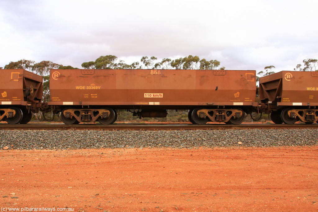 100822 5999
WOE type iron ore waggon WOE 33369 is one of a batch of one hundred and forty one built by United Goninan WA between November 2005 and April 2006 with serial number 950142-074 and fleet number 868 for Koolyanobbing iron ore operations, Binduli Triangle 22nd August 2010.
Keywords: WOE-type;WOE33369;United-Goninan-WA;950142-074;