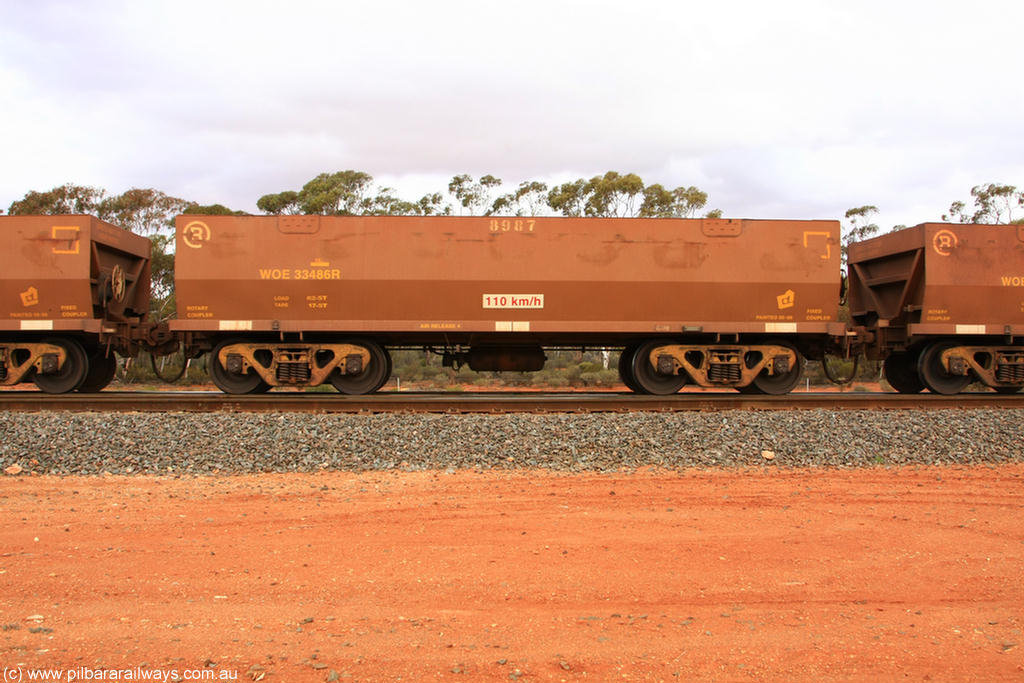 100822 6004
WOE type iron ore waggon WOE 33486 is one of a batch of one hundred and twenty eight built by United Group Rail WA between August 2008 and March 2009 with serial number 950211-??? and fleet number 8987 for Koolyanobbing iron ore operations, Binduli Triangle 22nd August 2010.
Keywords: WOE-type;WOE33486;United-Group-Rail-WA;