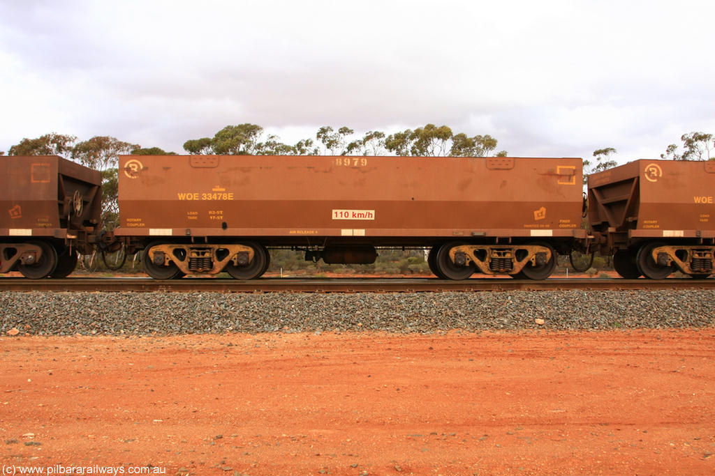 100822 6005
WOE type iron ore waggon WOE 33478 is one of a batch of one hundred and twenty eight built by United Group Rail WA between August 2008 and March 2009 with serial number 950211-020 and fleet number 8979 for Koolyanobbing iron ore operations, Binduli Triangle 22nd August 2010.
Keywords: WOE-type;WOE33478;United-Group-Rail-WA;950211-020;