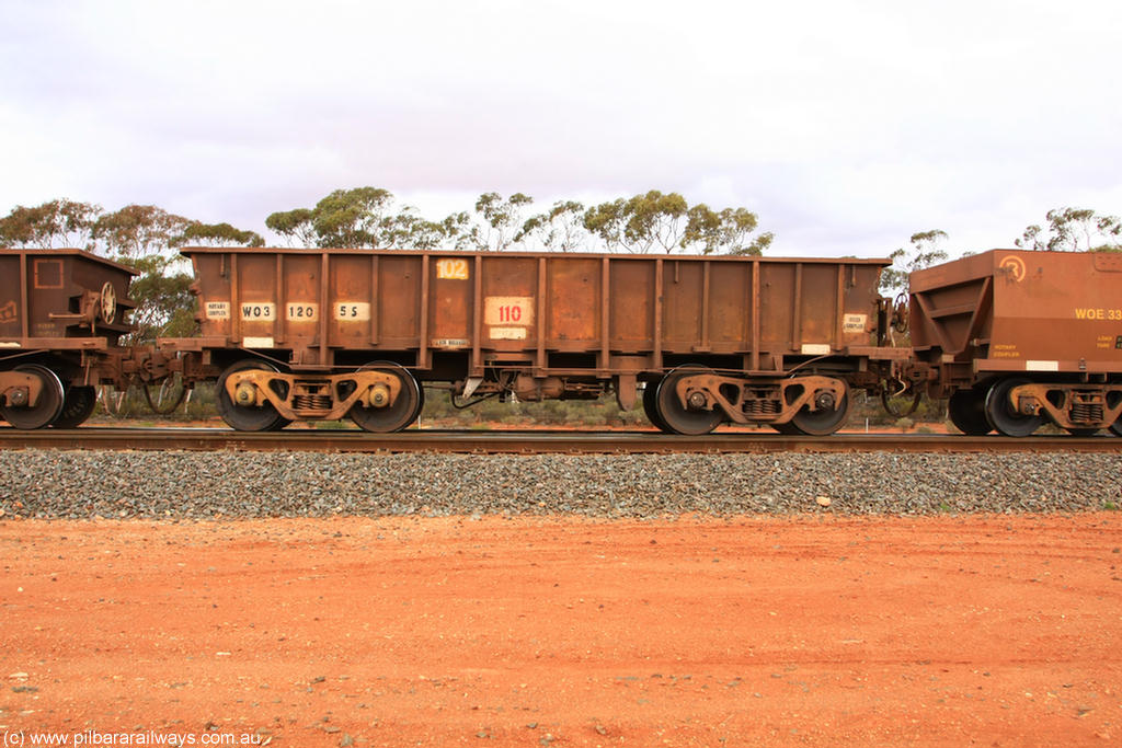 100822 6016
WO type iron ore waggon WO 31205 is one of a batch of eighty six built by WAGR Midland Workshops between 1967 and March 1968 with fleet number 102 for Koolyanobbing iron ore operations, with a 75 ton and 1018 ft.³ capacity, Binduli Triangle 22nd August 2010. This unit was converted to WOS superphosphate in the late 1980s till 1994 when it was re-classed back to WO.
Keywords: WO-type;WO31205;WAGR-Midland-WS;WOS-type