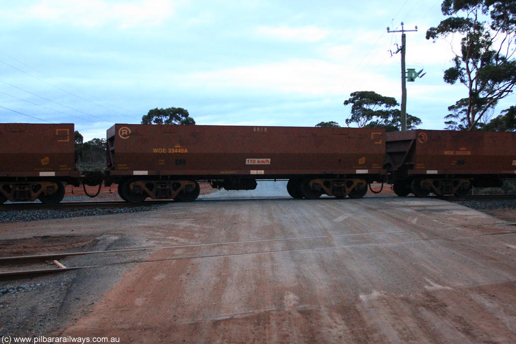 100822 6210
WOE type iron ore waggon WOE 33440 is one of a batch of seventeen built by United Group Rail WA between July and August 2008 with serial number 950209-004 and fleet number 8938 for Koolyanobbing iron ore operations, on empty train 1416 at Hampton, 22nd August 2010.
Keywords: WOE-type;WOE33440;United-Group-Rail-WA;950209-004;