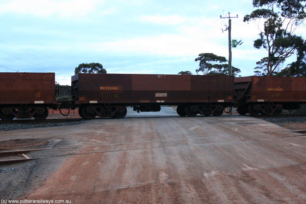 100822 6217
WOE type iron ore waggon WOE 31114 is one of a batch of one hundred and thirty built by Goninan WA between March and August 2001 with serial number 950092-104 and fleet number 697 for Koolyanobbing iron ore operations, on empty train 1416 at Hampton, 22nd August 2010.
Keywords: WOE-type;WOE31114;Goninan-WA;950092-104;