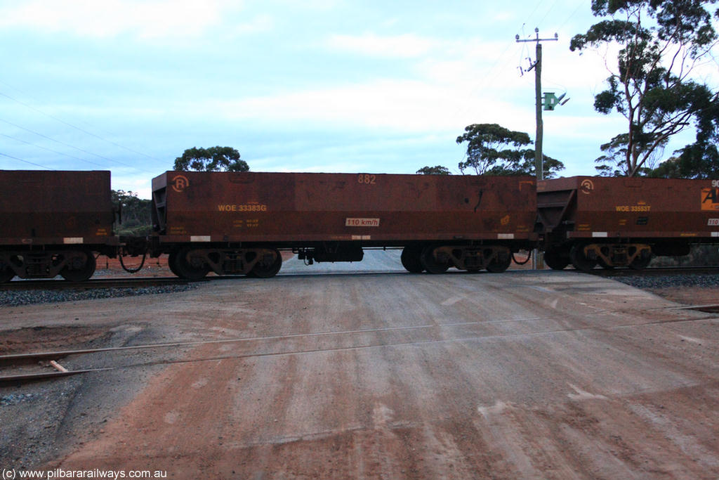 100822 6218
WOE type iron ore waggon WOE 33383 is one of a batch of one hundred and forty one built by United Group Rail WA between November 2005 and April 2006 with serial number 950142-088 and fleet number 882 for Koolyanobbing iron ore operations, on empty train 1416 at Hampton, 22nd August 2010.
Keywords: WOE-type;WOE33383;United-Group-Rail-WA;950142-088;